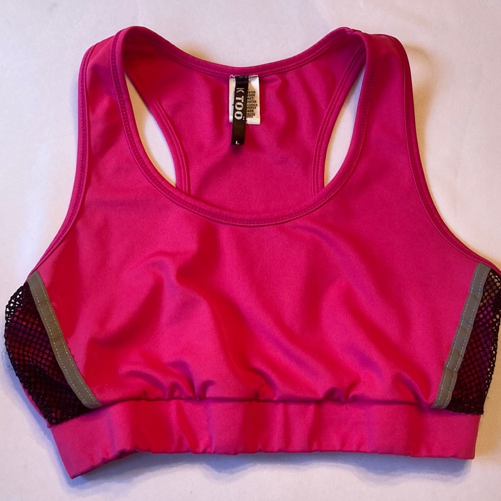 Women's Crop Top, K Too, Hot Pink With Black Netting On Sides. Size L